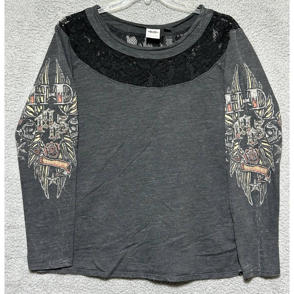 Official Harley Davidson Long Sleeve Tattoo Art Lace Scoop Neck Womens XL